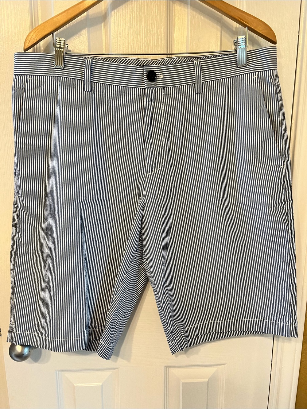 Banana Republic Blue and White Seersucker Flat-Front Emerson Shorts, Size 35